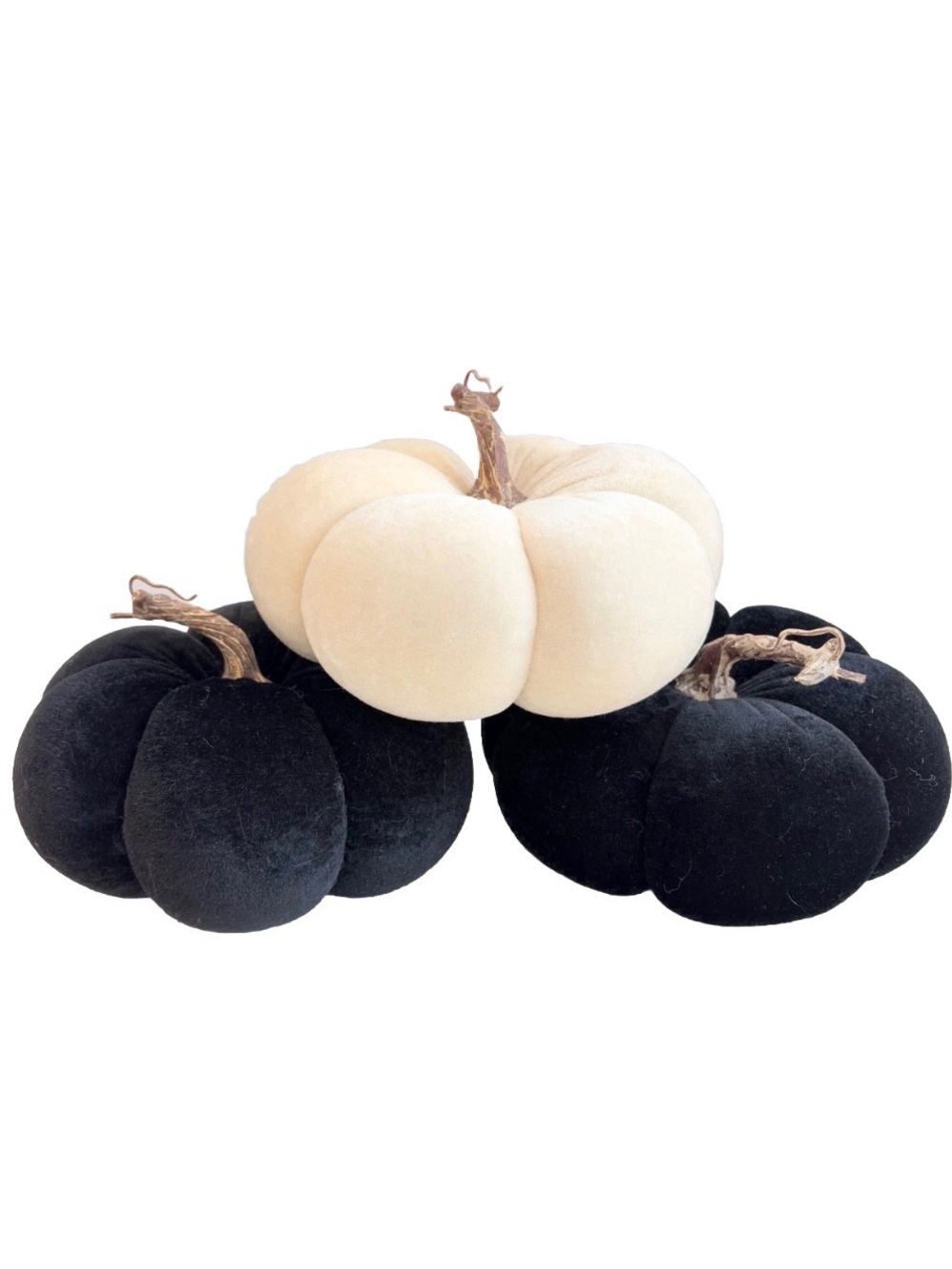 Black Ivory Plush Velvet 3 pc Pumpkin w Stem Fall Halloween Harvest Home Decor